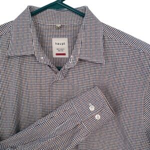 Haupt Button-Down Shirt Mens L Brown Navy Check Modern Fit Cotton